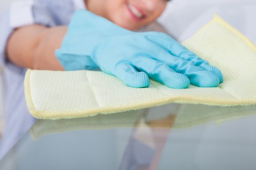 Cleaning professional with safety equipment in a Highbury property