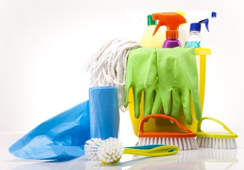 Professional cleaner dusting a tidy living room during domestic cleaning