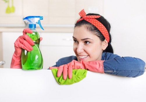 Eco-friendly office cleaning supplies in a business workspace